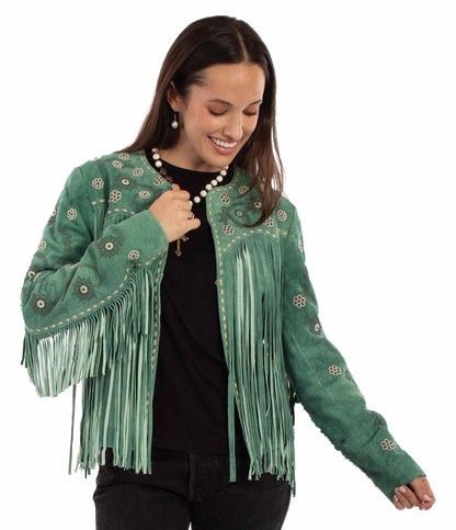 Scully Floral Jade - Women's Fringe Leather Jacket