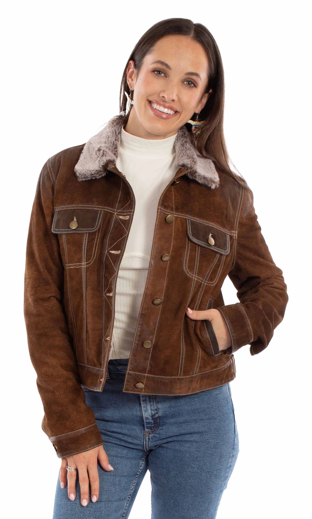 Scully Fur Collar - Women's Suede Leather Jean Jacket