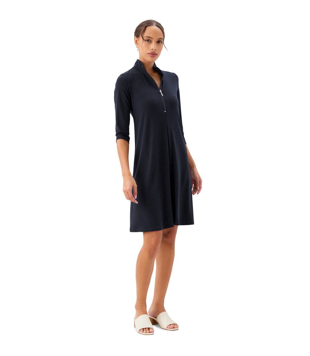 3/4 Sleeve Zip-Up Travel Jersey Dress