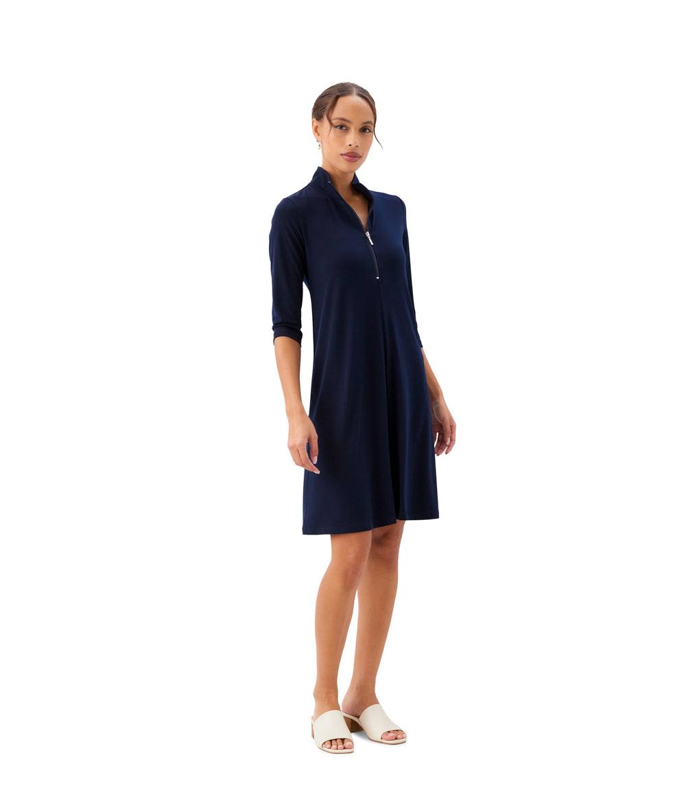 3/4 Sleeve Zip-Up Travel Jersey Dress