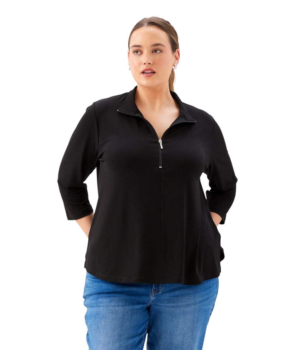 Plus Size 3/4 Sleeve Zip-Up Travel Jersey Top