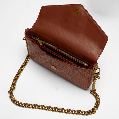 Loyal West LW ON THE GO MINI CHAIN BAG IN HAND FINISHED EMBOSSED LEATHER - BROWN