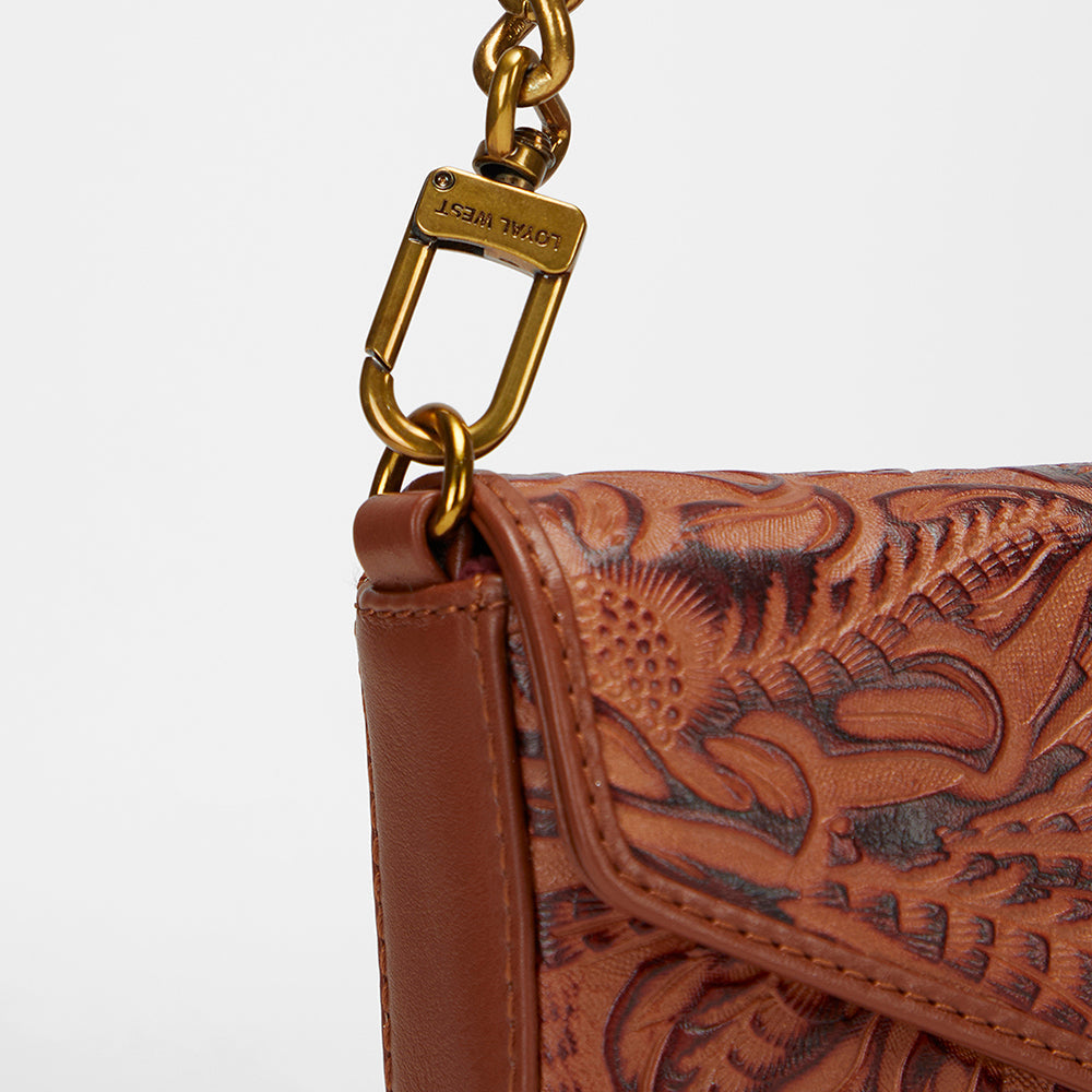 Loyal West LW ON THE GO MINI CHAIN BAG IN HAND FINISHED EMBOSSED LEATHER - BROWN