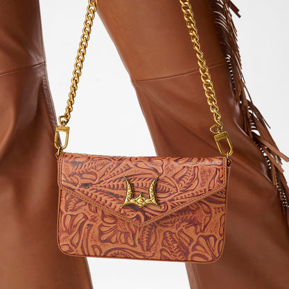 Loyal West LW ON THE GO MINI CHAIN BAG IN HAND FINISHED EMBOSSED LEATHER - BROWN