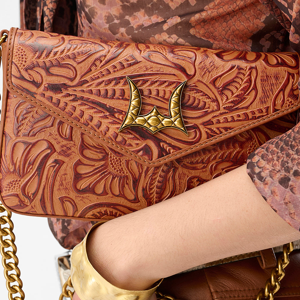 Loyal West LW ON THE GO MINI CHAIN BAG IN HAND FINISHED EMBOSSED LEATHER - BROWN