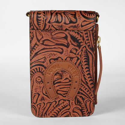 Loyal West SHELL PHONE BAG  IN HAND FINISHED EMBOSSED LEATHER - BROWN