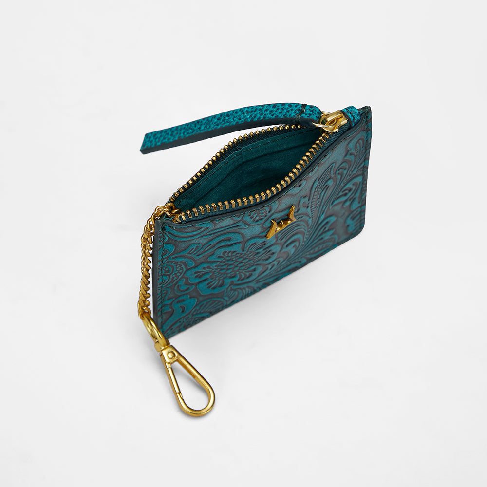 Loyal West SOPHIA CREDIT CARD HOLDER IN HAND FINISHED EMBOSSED LEATHER -  TURQUOISE