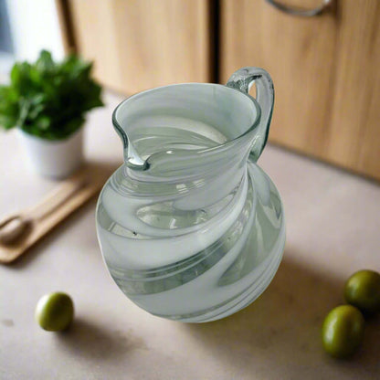 Mexican Hand-Blown Glass Pitcher | White Swirl