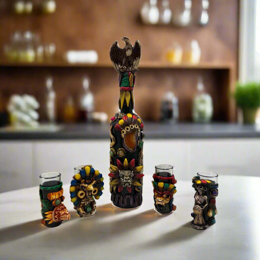 Aztec Warrior Tequila Set | Handmade Mexican Shot Glass & Decanter Set