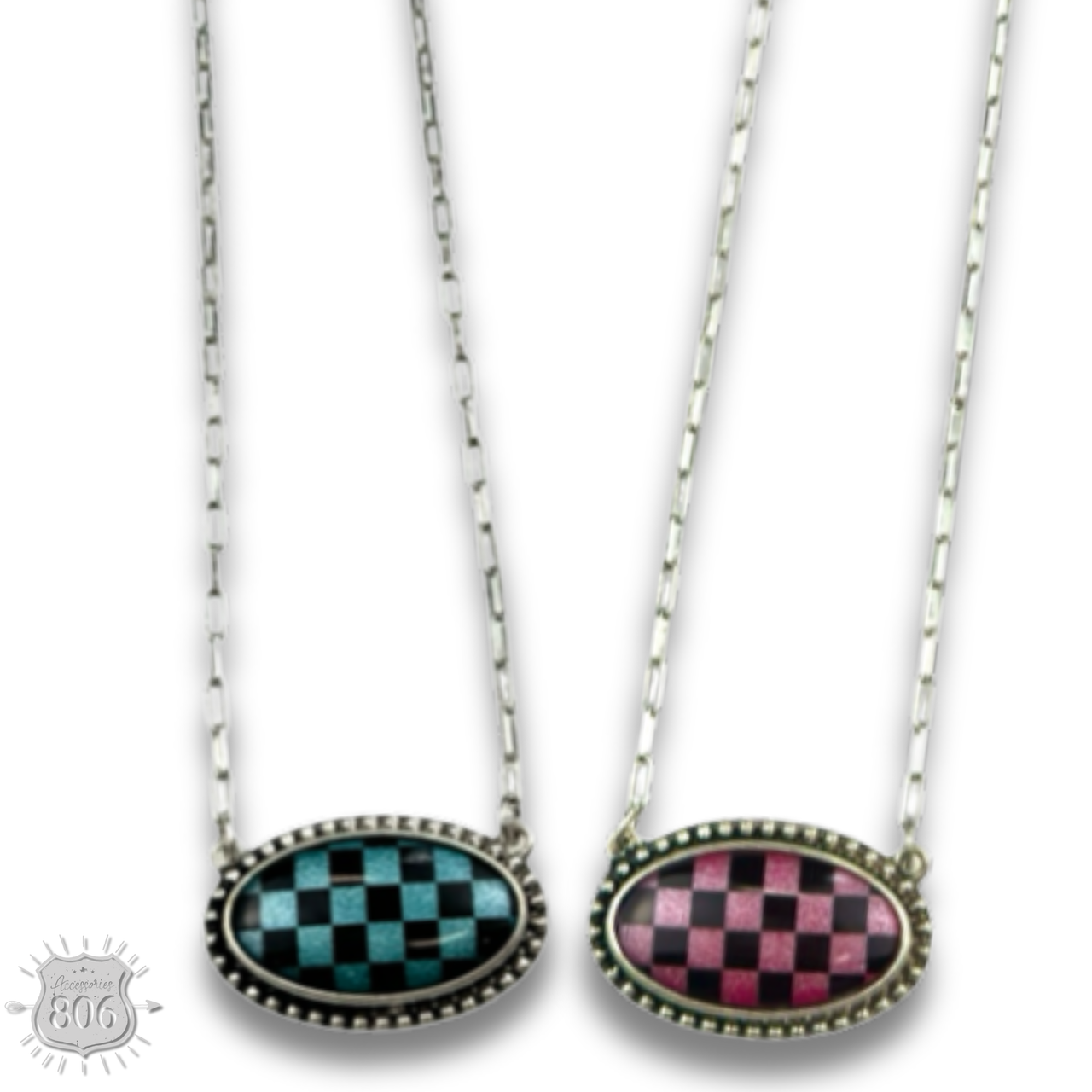 Checkerboard print oval pendant necklace