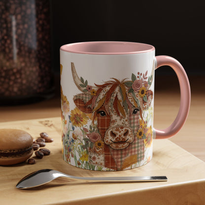 Patchwork Highland Cow Mug Floral Cottage Style Coffee Mug