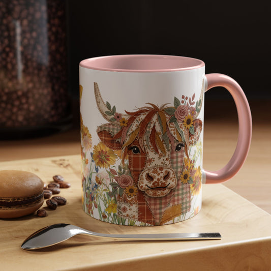 Patchwork Highland Cow Mug Floral Cottage Style Coffee Mug