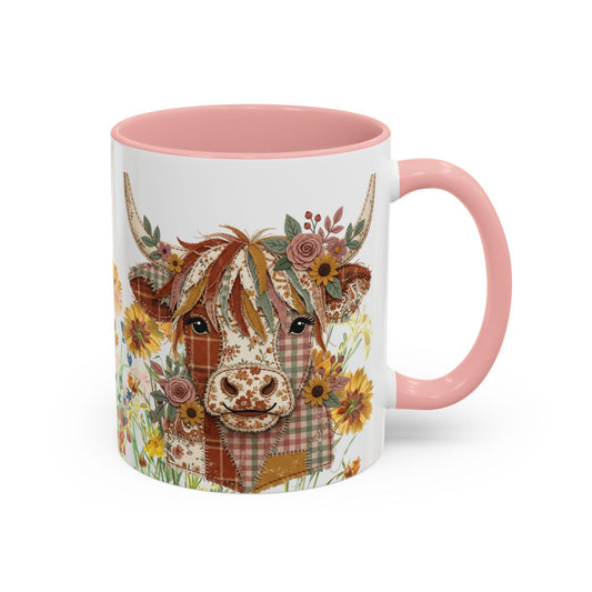 Patchwork Highland Cow Mug Floral Cottage Style Coffee Mug