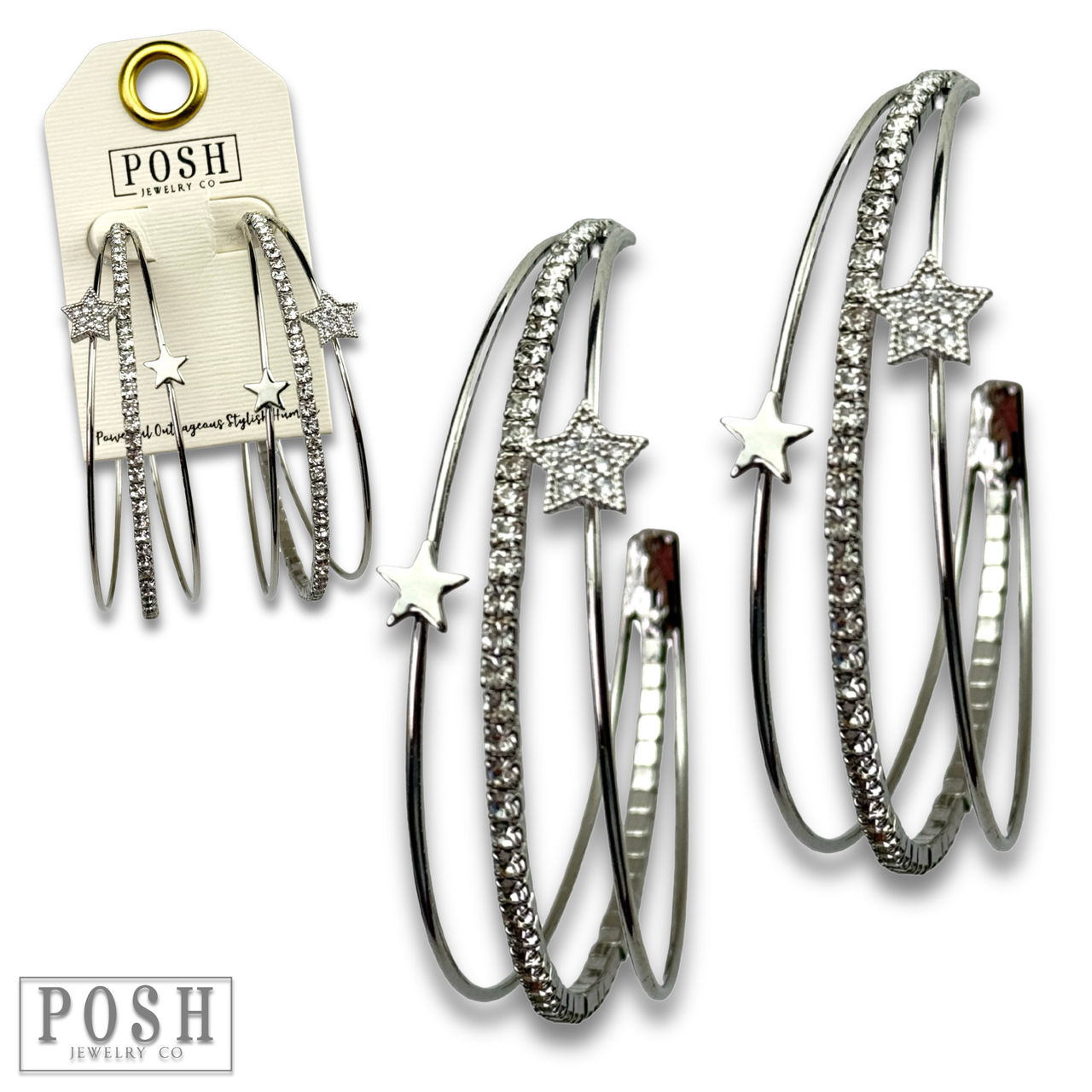 Triple hoop rhinestone and star earring, last call