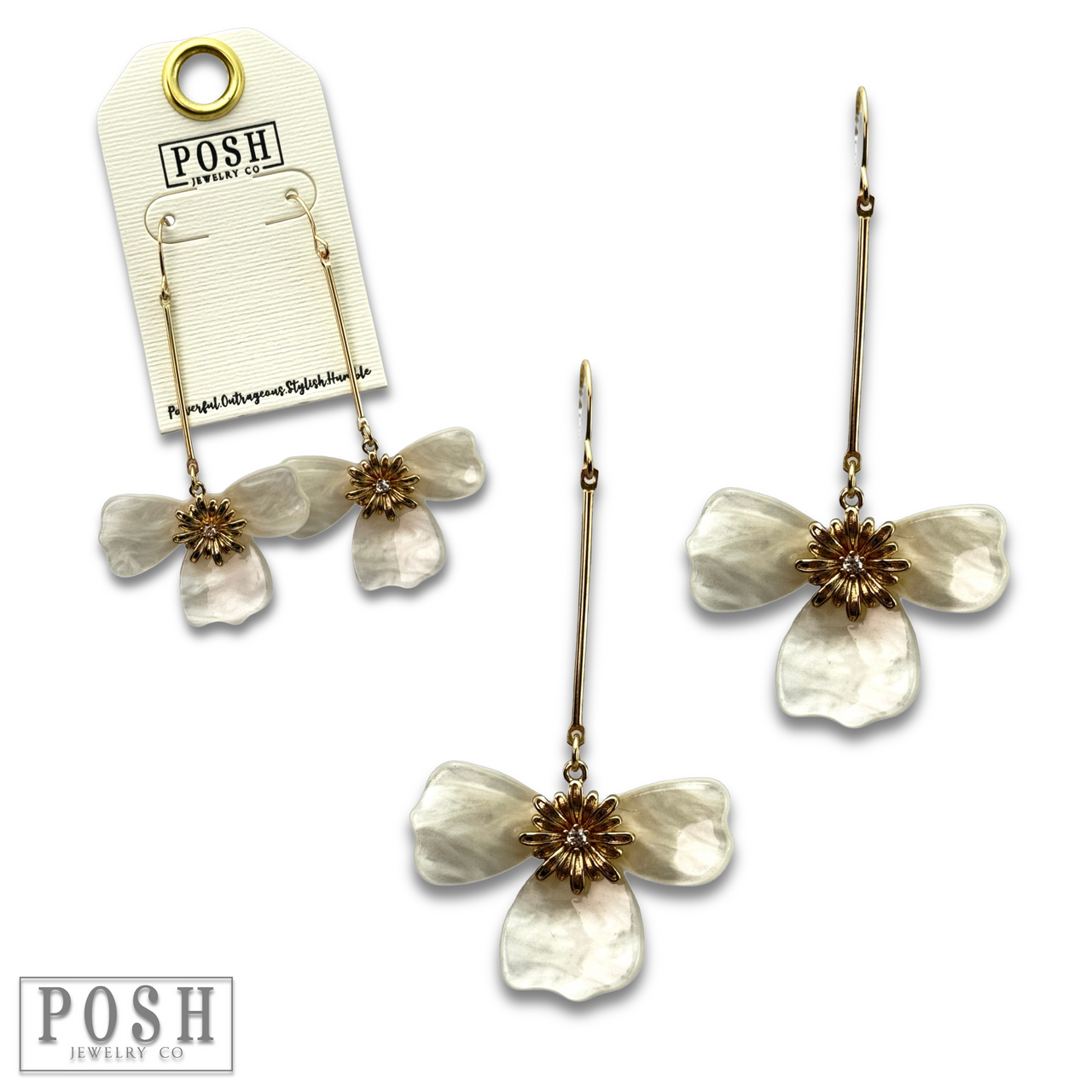 Three-petal flower on bar earring, last call