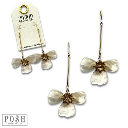 Three-petal flower on bar earring, last call