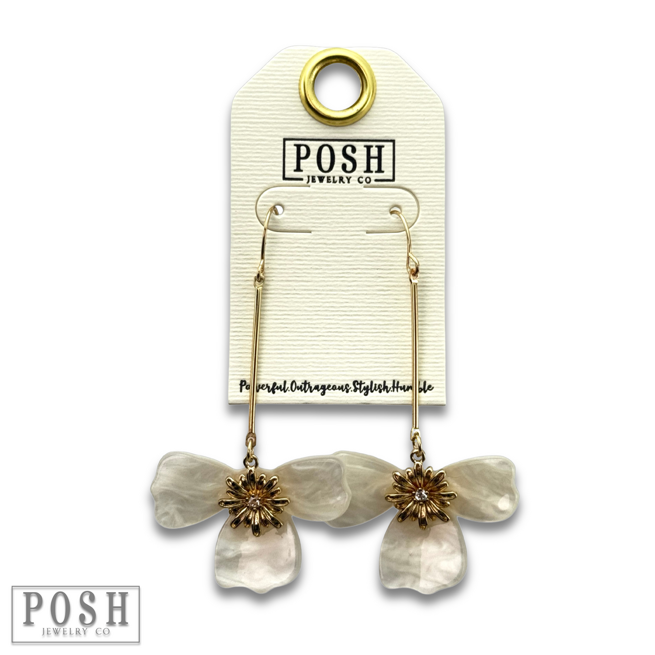 Three-petal flower on bar earring, last call