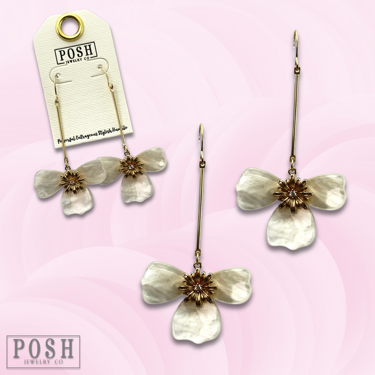 Three-petal flower on bar earring, last call