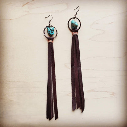 *Turquoise Drop Earrings w/ Brown Leather Tassel 203z