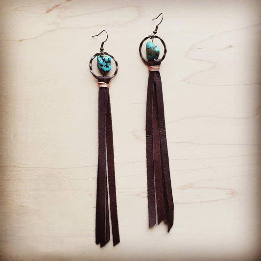 *Turquoise Drop Earrings w/ Brown Leather Tassel 203z