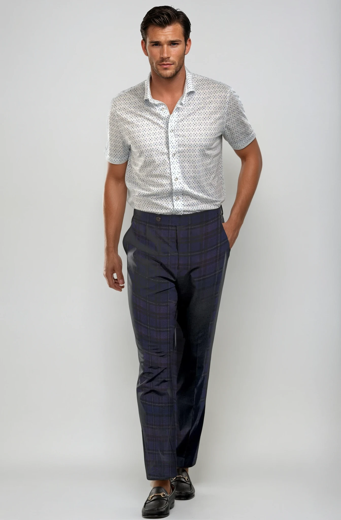Men's Pleated Wool Trouser Pants - Navy Plaid