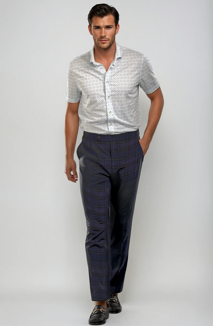 Men's Pleated Wool Trouser Pants - Navy Plaid