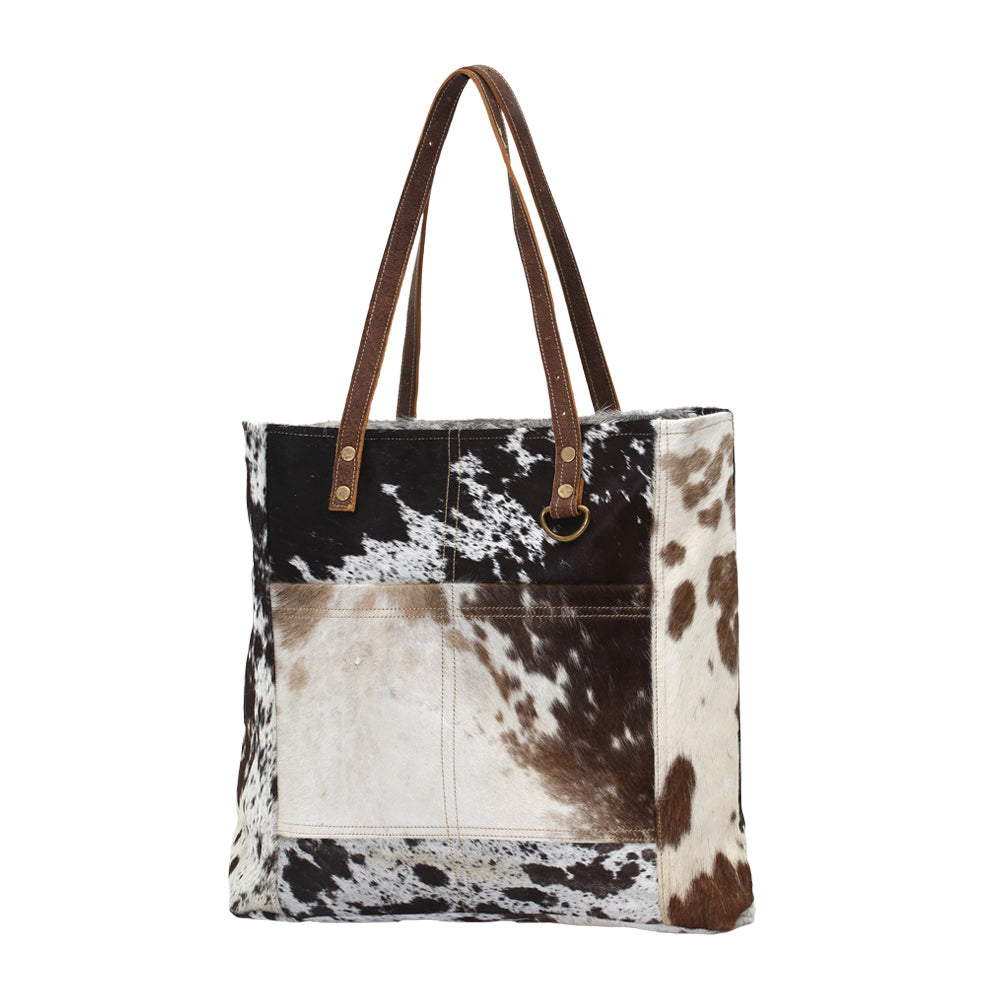 Myra Mesa Trail Patchwork Hairon Tote Bag for Women â€“ Rustic Cowhide Design, Brown Leather Handles for Everyday Utility