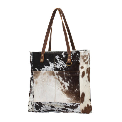 Myra Mesa Trail Patchwork Hairon Tote Bag for Women â€“ Rustic Cowhide Design, Brown Leather Handles for Everyday Utility