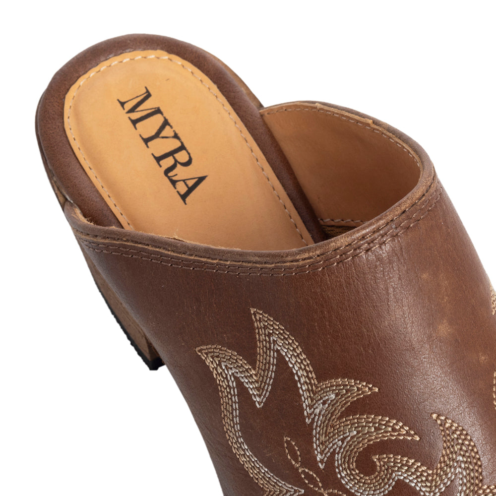Myra Ximena Ranch Brown Embroidered Mules for Women â€“ Pointed Toe, Low Block Heel Western Leather Shoes