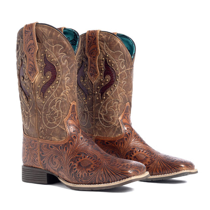 Myra Gianna Hand-Tooled Leather Boots for Women â€“ Studded Mid-Calf Western Brunch Heels with Embroidered Floral Designs