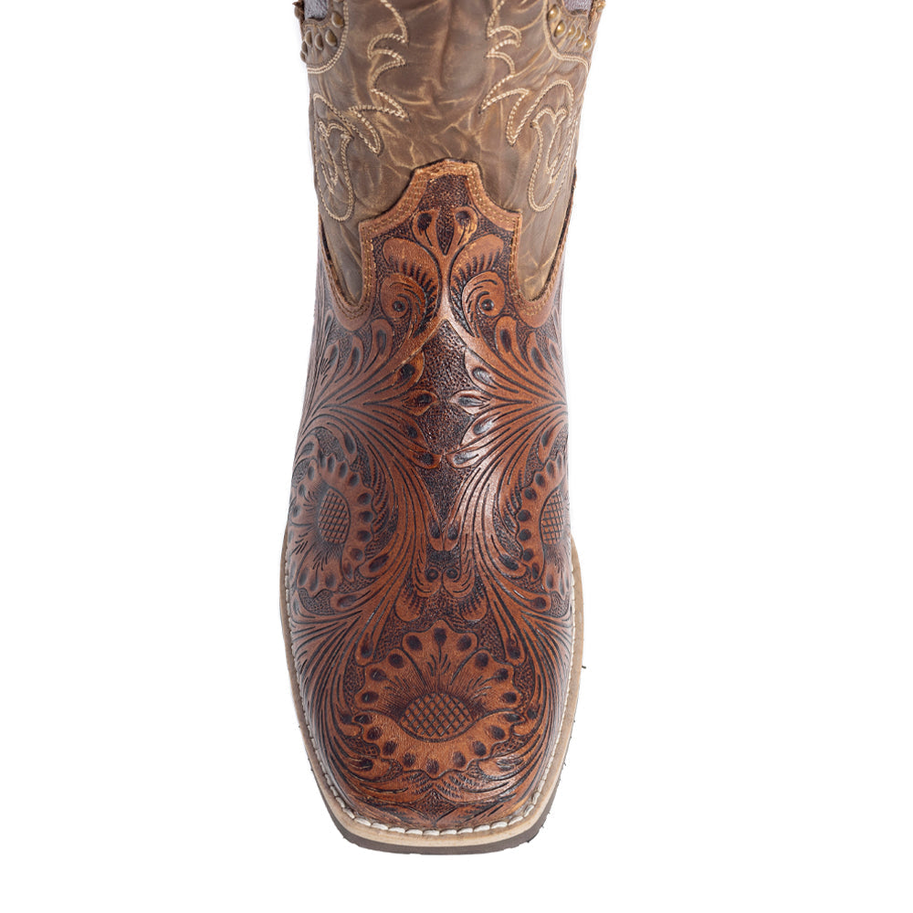 Myra Gianna Hand-Tooled Leather Boots for Women â€“ Studded Mid-Calf Western Brunch Heels with Embroidered Floral Designs