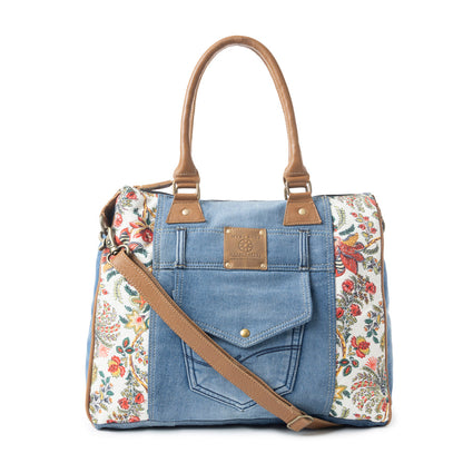 Myra Crimson Glade Floral Canvas Tote Bag - Dual Handle Leather Strap Upcycled Denim Bag for Fun Outings