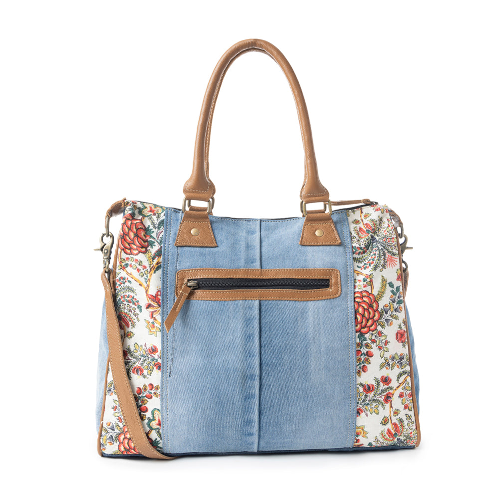 Myra Crimson Glade Floral Canvas Tote Bag - Dual Handle Leather Strap Upcycled Denim Bag for Fun Outings