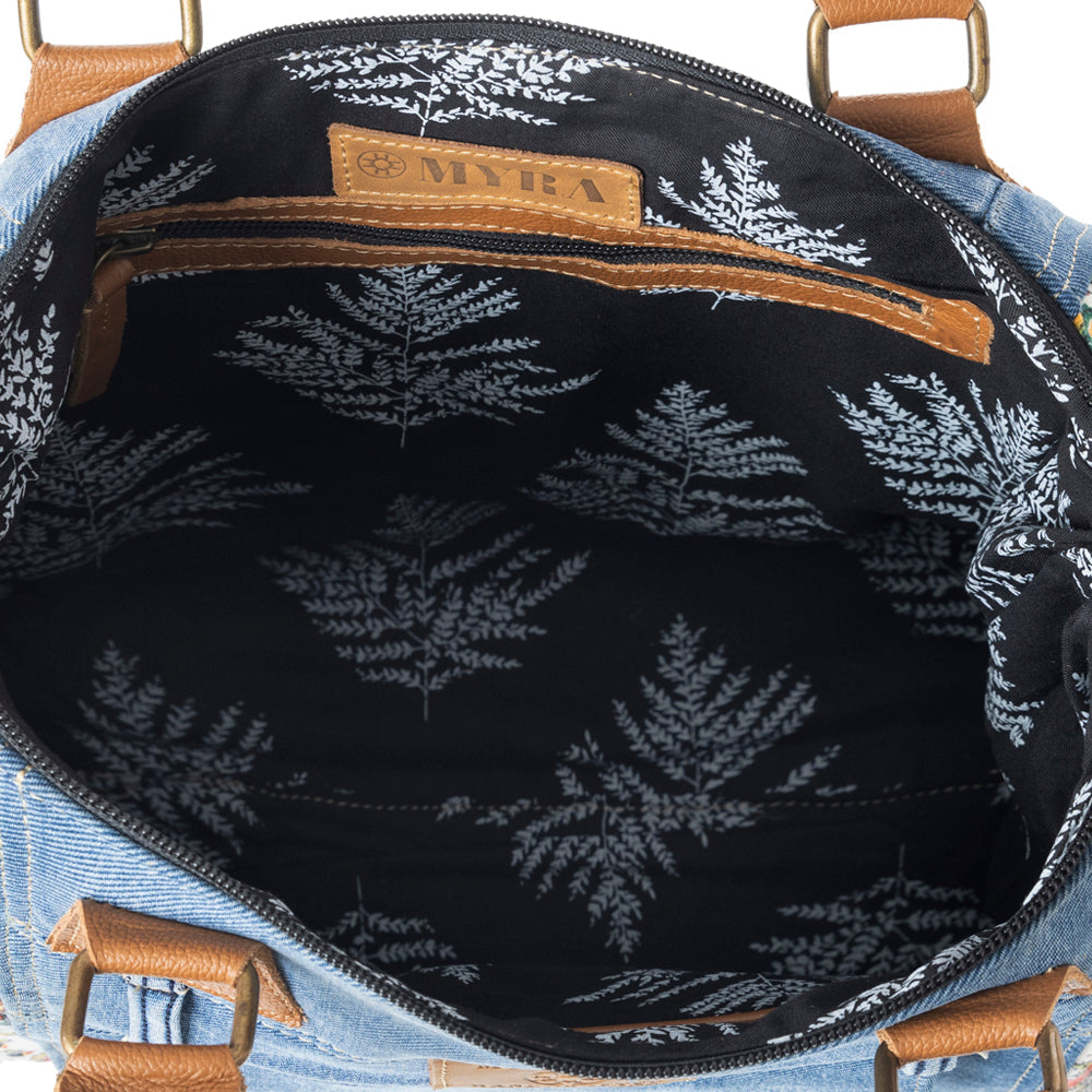Myra Crimson Glade Floral Canvas Tote Bag - Dual Handle Leather Strap Upcycled Denim Bag for Fun Outings