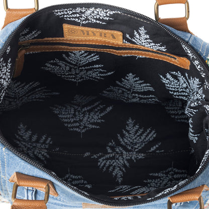 Myra Crimson Glade Floral Canvas Tote Bag - Dual Handle Leather Strap Upcycled Denim Bag for Fun Outings