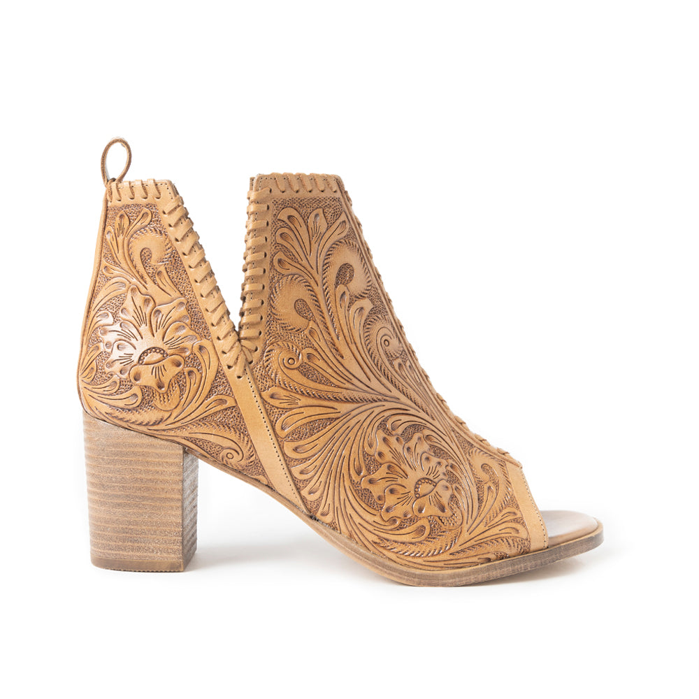 Myra Persimmonee Embossed Leather Heels for Women â€“ Open Toe, Mid Block Heel, Western Cowgirl Fashion for Rodeo Evenings