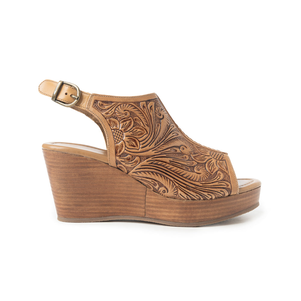 Myra Mila's Trail Embossed Leather Wedge Heels for Women â€“ Tan Floral Design, Adjustable Buckle, Comfortable Western Platform