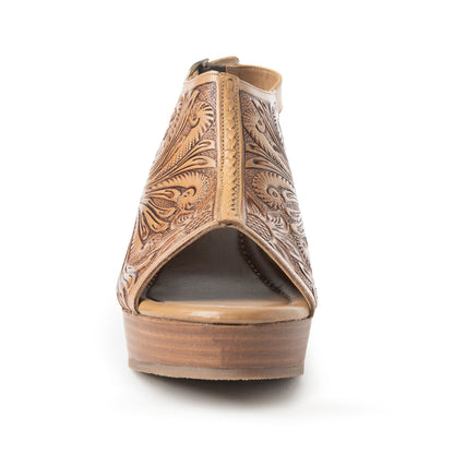 Myra Mila's Trail Embossed Leather Wedge Heels for Women â€“ Tan Floral Design, Adjustable Buckle, Comfortable Western Platform