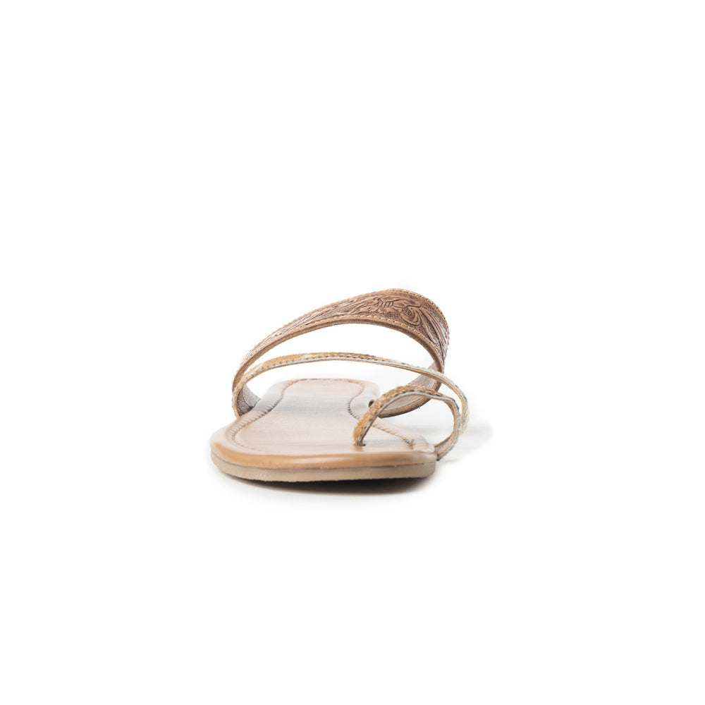 Myra LaDonna Trail Floral Handtooled Sandals for Women â€“ Beige Western Hairon Slip-Ons for Ranch Days & Rodeo Nights