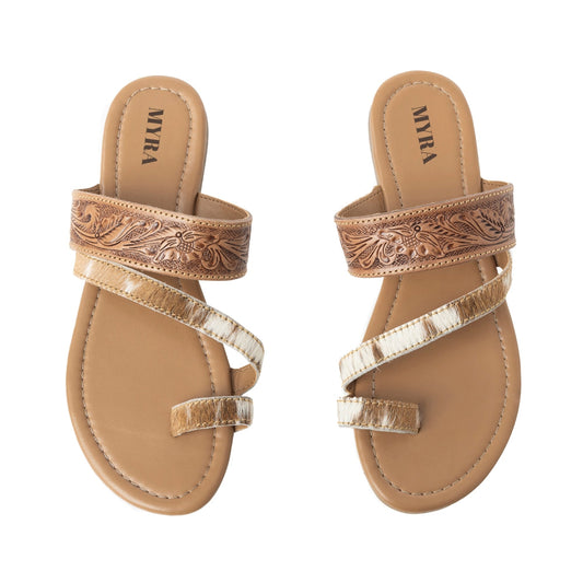 Myra LaDonna Trail Floral Handtooled Sandals for Women â€“ Beige Western Hairon Slip-Ons for Ranch Days & Rodeo Nights