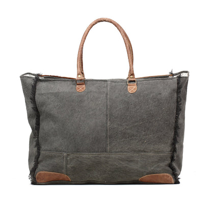 Myra Dakota Trail Hairon Leather Weekender Bag â€“ Handmade Canvas Print with Rustic Fringe Sides & Leather Handles