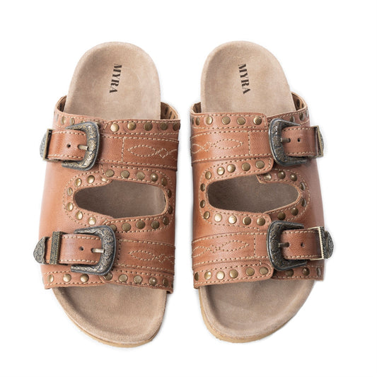 Myra Great Sonora Sunset Studded Leather Sandals for Women – Cork Sole, Antique Brass Dual Buckles for All-Day Comfort