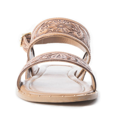 Myra Wildflower Wanderer Handtooled Leather Sandals for Women â€“ Ankle Buckle Strap, Western Floral Carving, Everyday Comfort