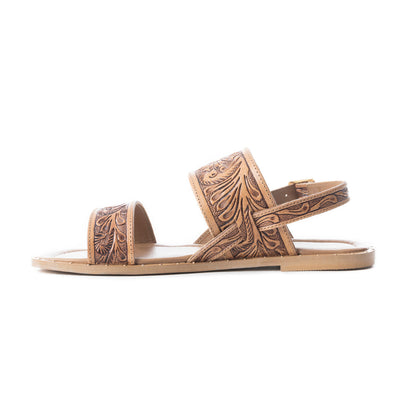 Myra Wildflower Wanderer Handtooled Leather Sandals for Women â€“ Ankle Buckle Strap, Western Floral Carving, Everyday Comfort