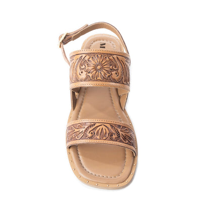 Myra Wildflower Wanderer Handtooled Leather Sandals for Women â€“ Ankle Buckle Strap, Western Floral Carving, Everyday Comfort