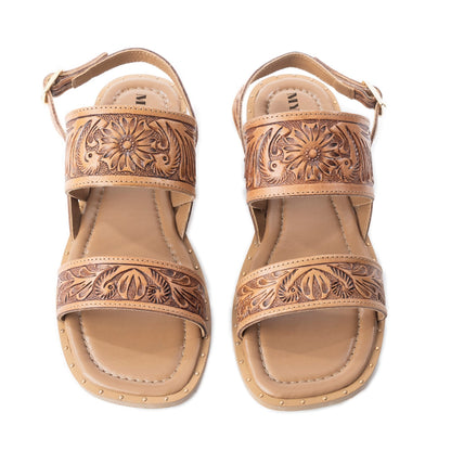 Myra Wildflower Wanderer Handtooled Leather Sandals for Women â€“ Ankle Buckle Strap, Western Floral Carving, Everyday Comfort