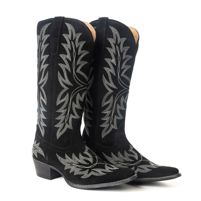 Midnight Trail Embroidered Leather Boots in Shadow Black