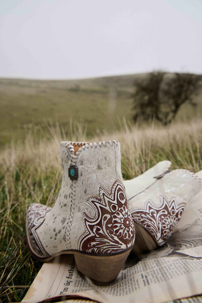 Myra Sierra Belle Handtooled Leather Booties in Almond White