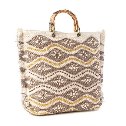 Myra Harvest Dune Hand Embroidered Tote Bag in Misty Taupe
