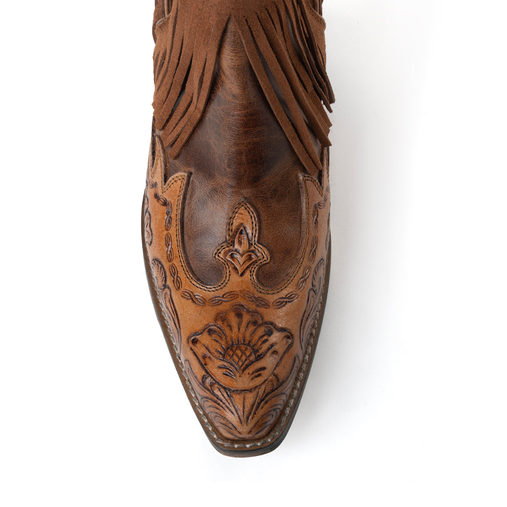 Myra Wild Ember Fringed Handtooled Leather Booties in Golden Rust
